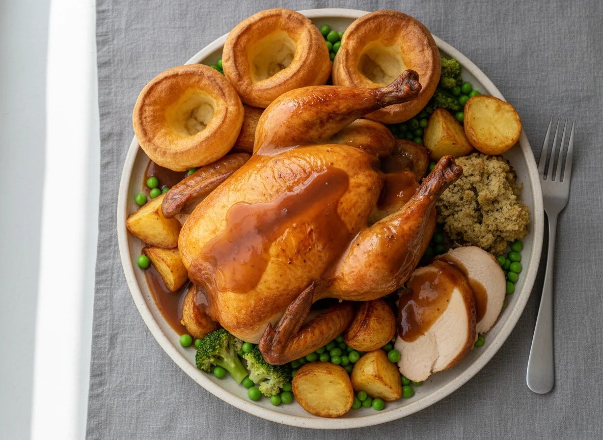 Roast Chicken Dinner with Gravy and Vegetables photo