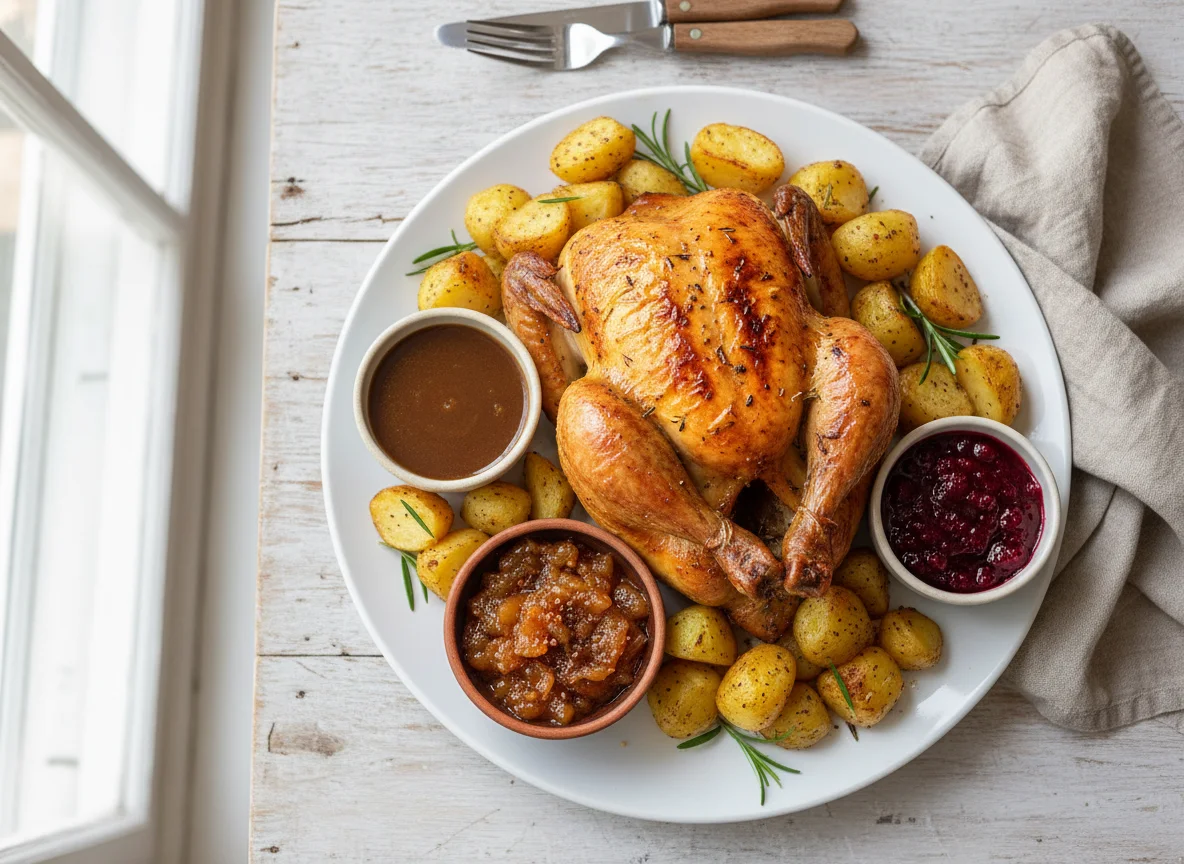 Roast Chicken Dinner with Potatoes and Sauces photo