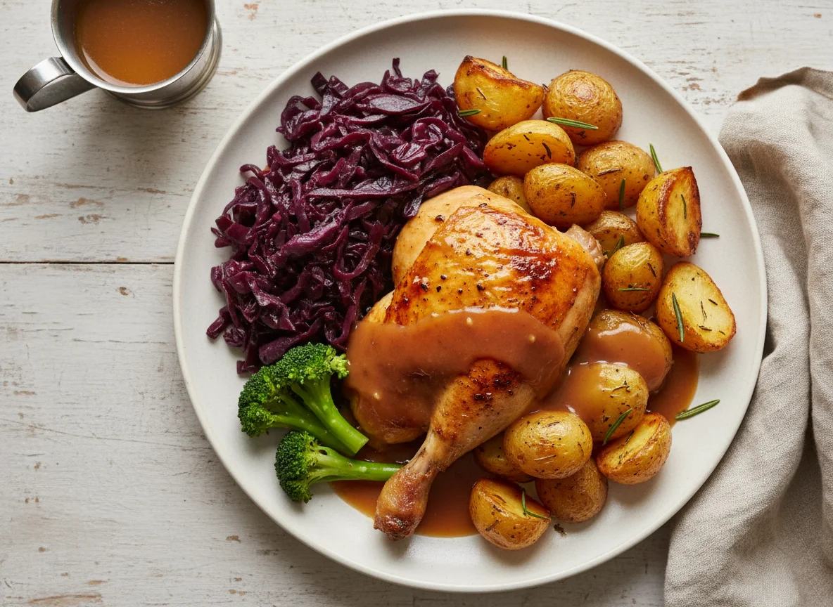 Roast Chicken Dinner with Red Cabbage and Roast Potatoes photo