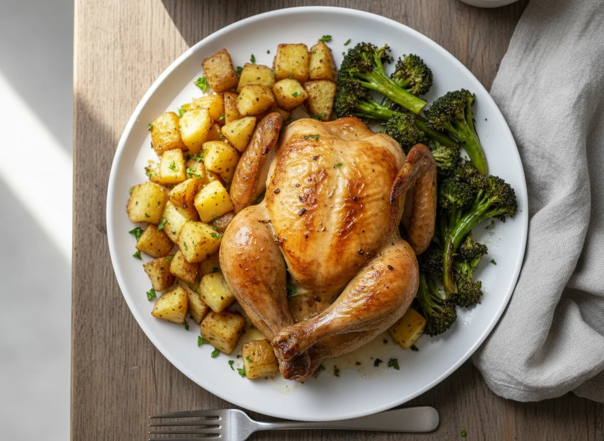 Roast Chicken Dinner with Smashed Potatoes and Broccoli photo
