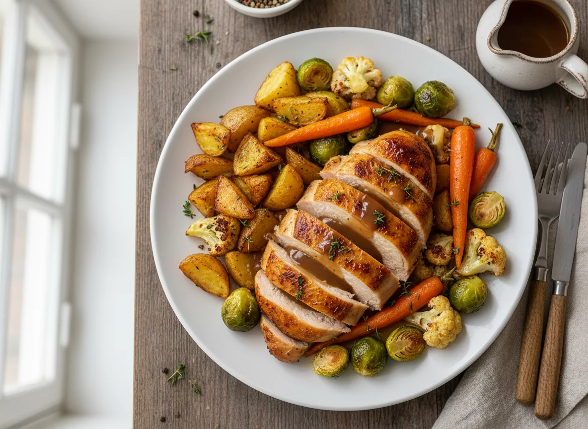 Roast Chicken Dinner with Vegetables and Gravy photo