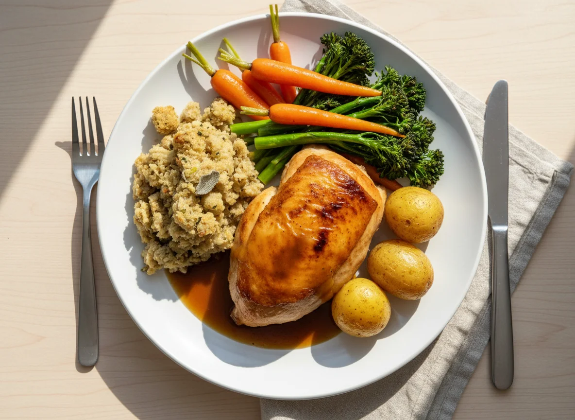 Roast Chicken Dinner with Vegetables and Stuffing photo