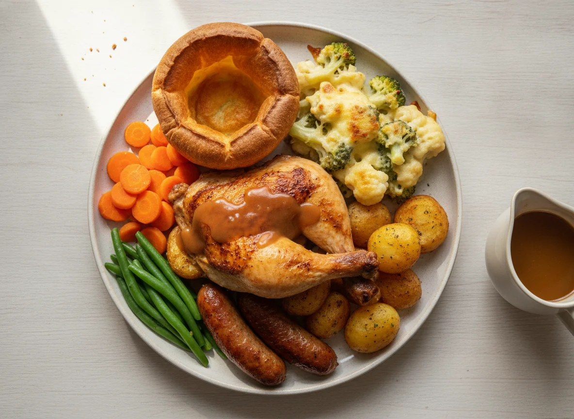 Roast Chicken Dinner with Yorkshire Pudding and Vegetables photo