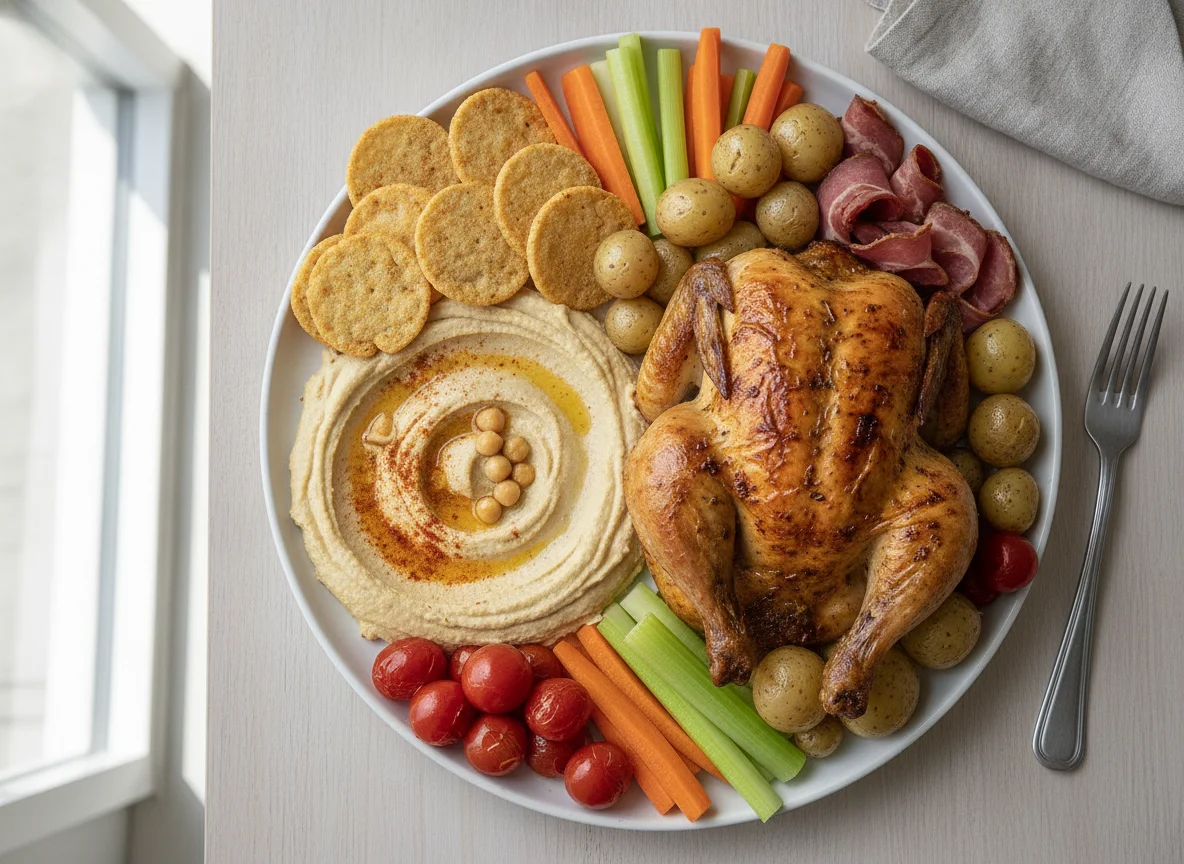 Roast chicken platter with hummus and vegetables photo