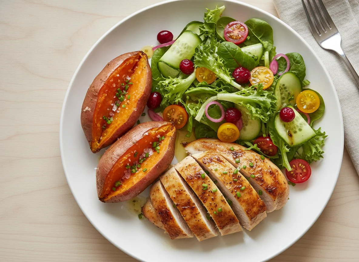 Roast chicken with baked sweet potato and side salad photo