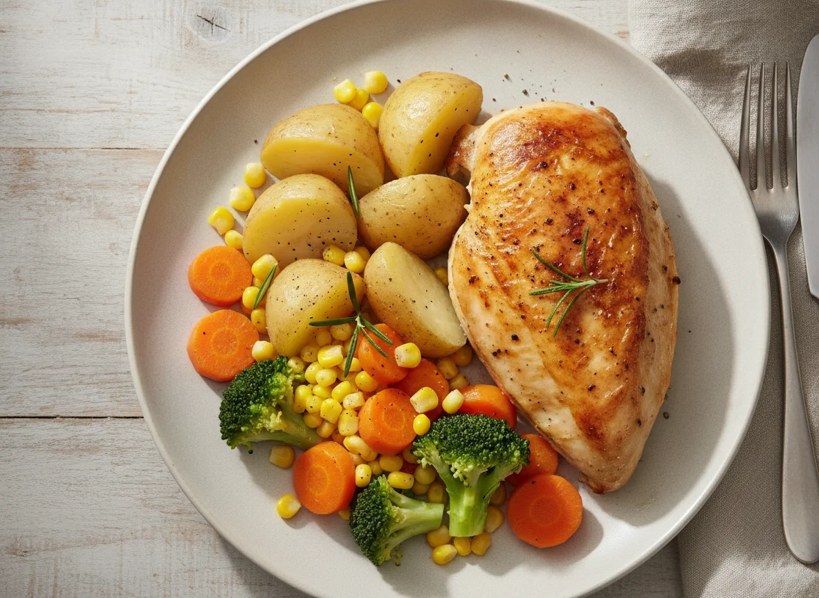 Roast chicken with boiled potatoes and mixed vegetables photo