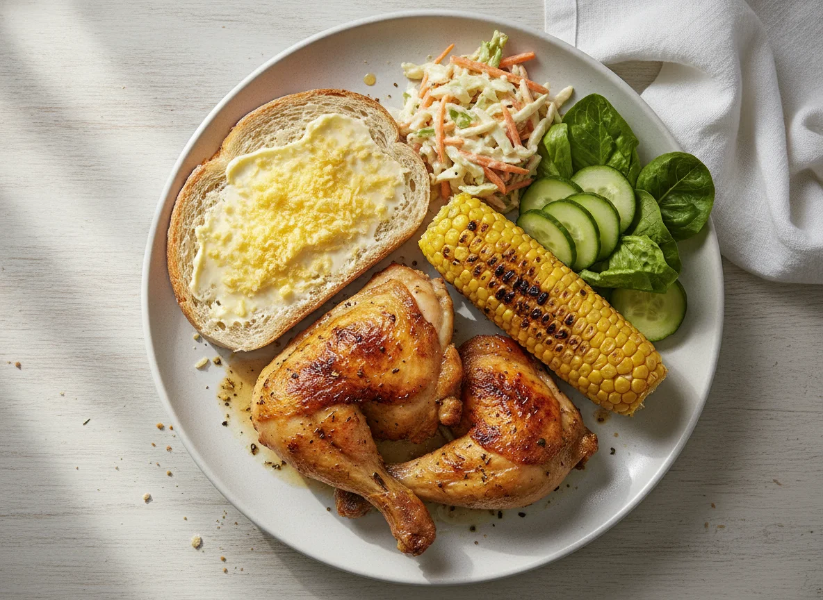 Roast chicken with bread, corn, and salad photo