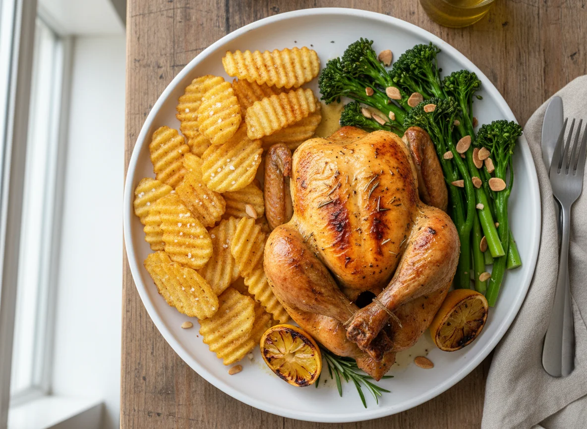 Roast Chicken with Chips and Broccoli photo