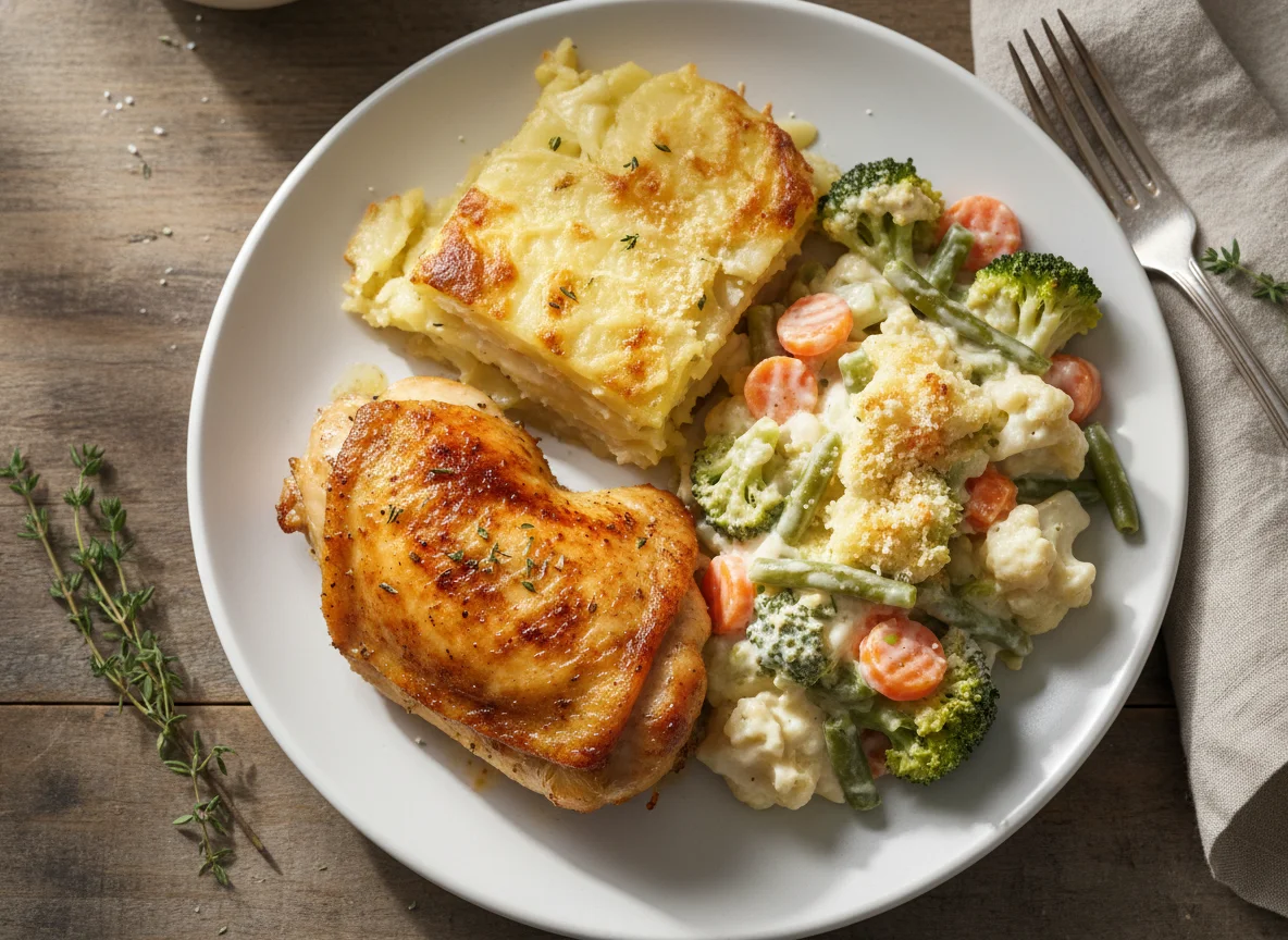 Roast Chicken with Dauphinoise Potatoes and Creamy Vegetable Bake photo