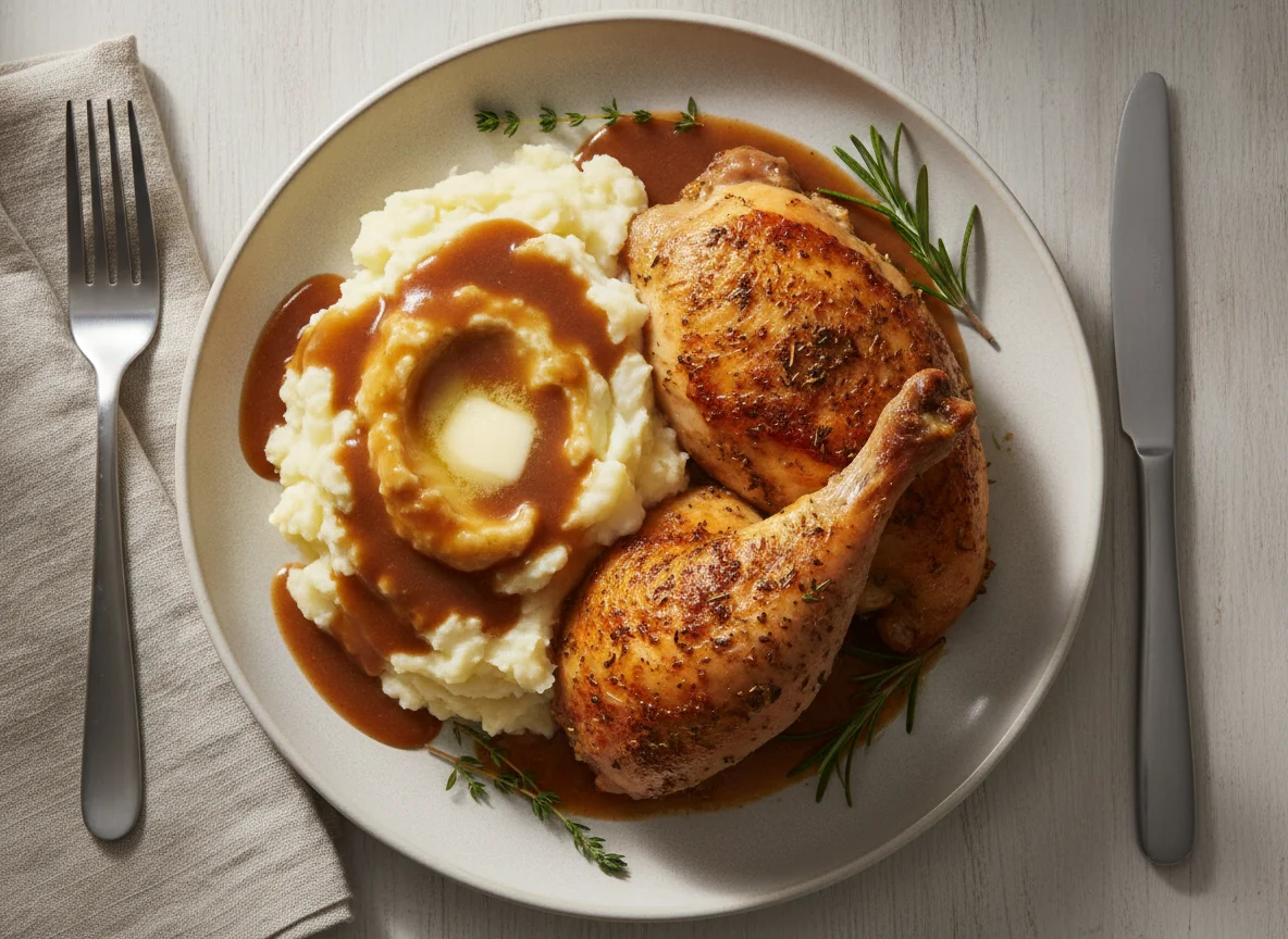 Roast chicken with mashed potatoes and gravy photo