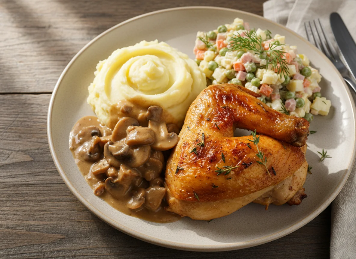 Roast Chicken with Mashed Potatoes and Salad photo