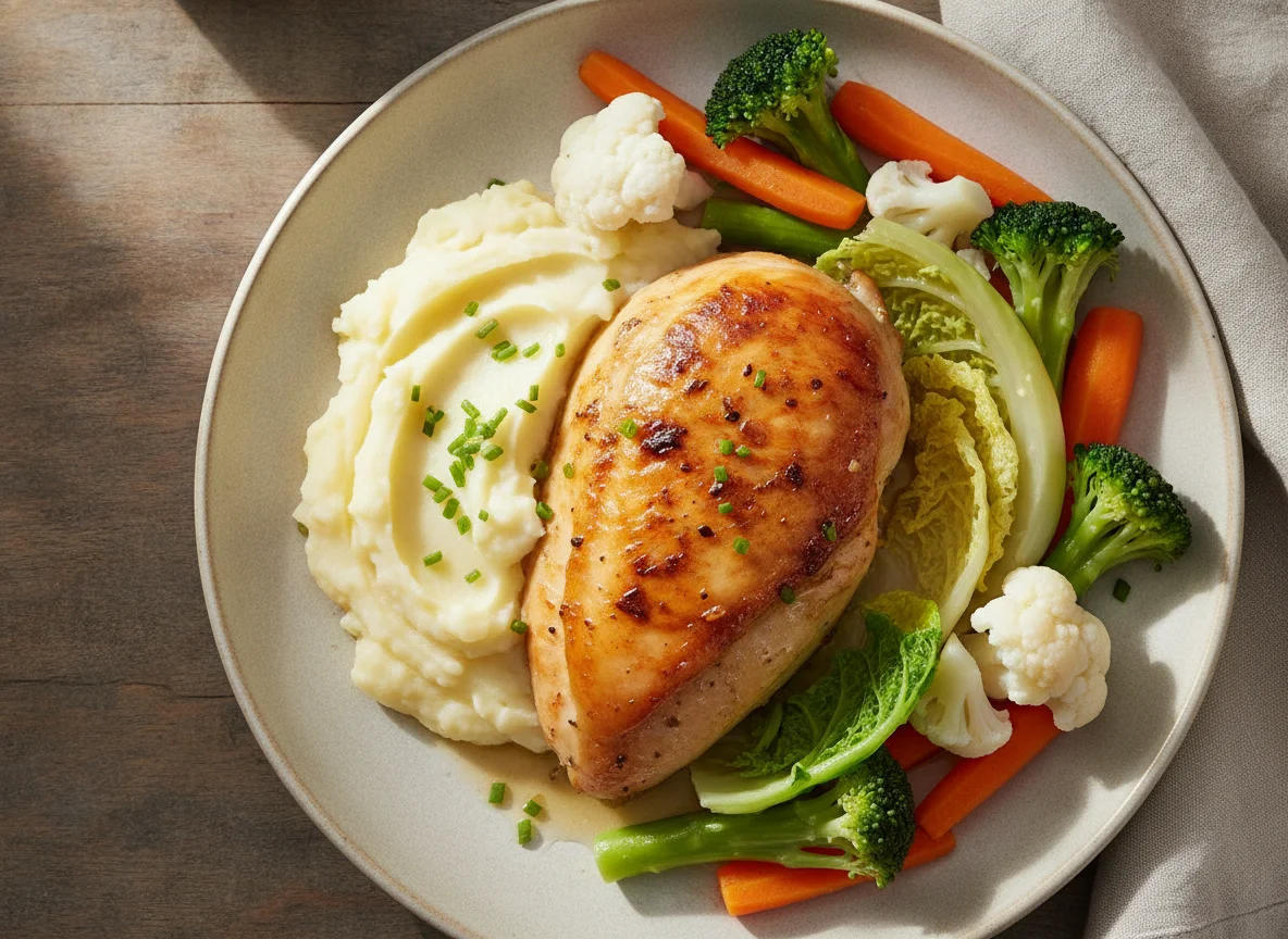 Roast Chicken with Mashed Potatoes and Steamed Vegetables photo