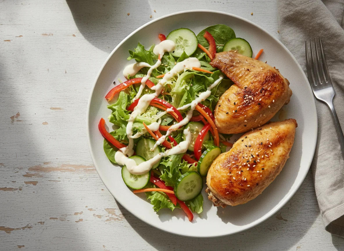 Roast chicken with mixed salad and sesame dressing photo