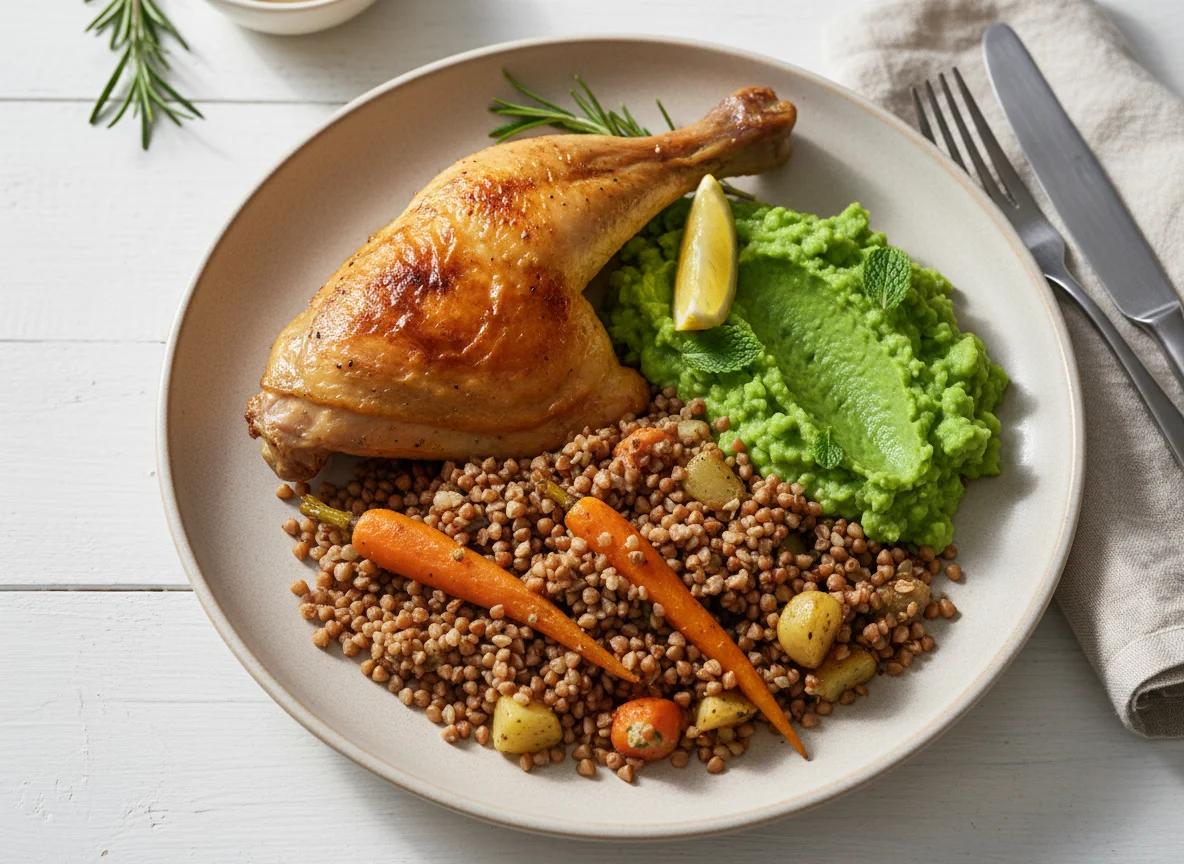 Roast Chicken with Mushy Peas and Buckwheat photo