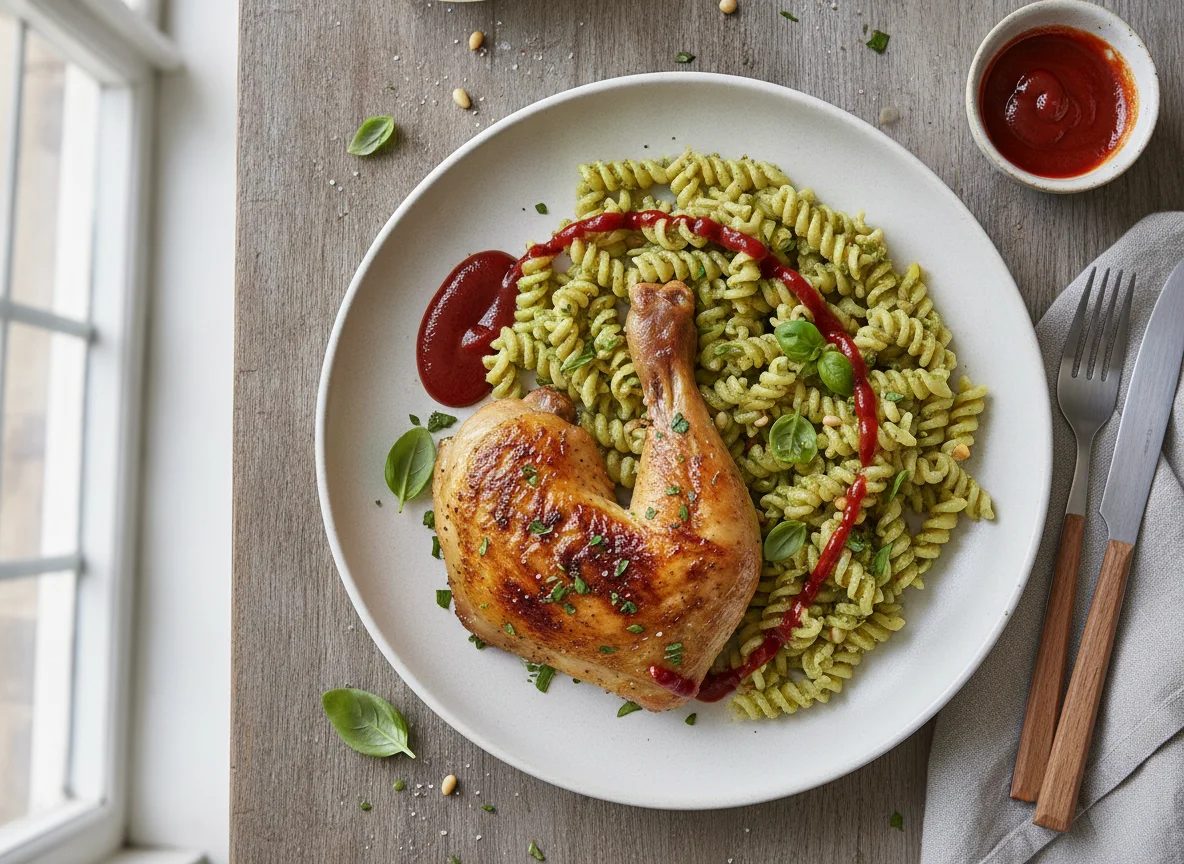 Roast chicken with pesto pasta and sriracha photo