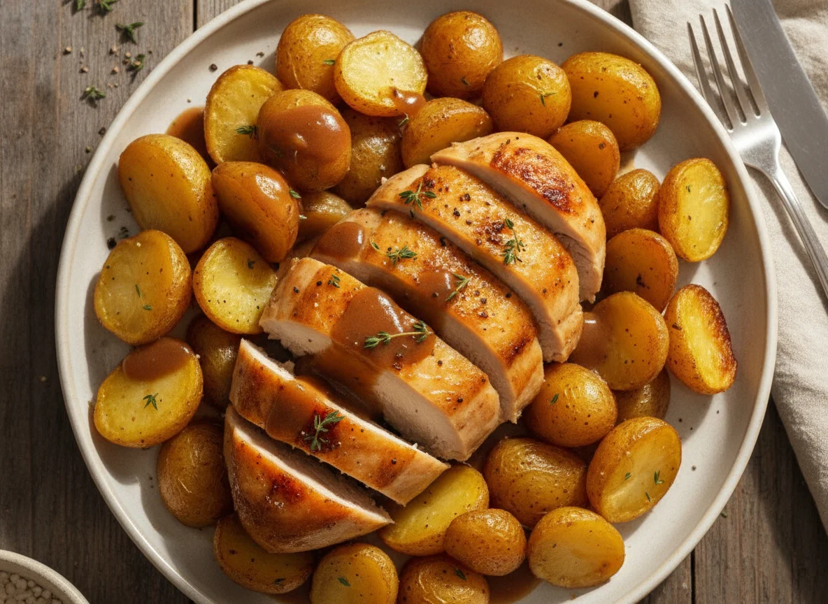 Roast chicken with potatoes and gravy photo
