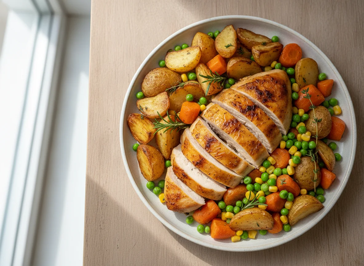 Roast chicken with potatoes and vegetables photo