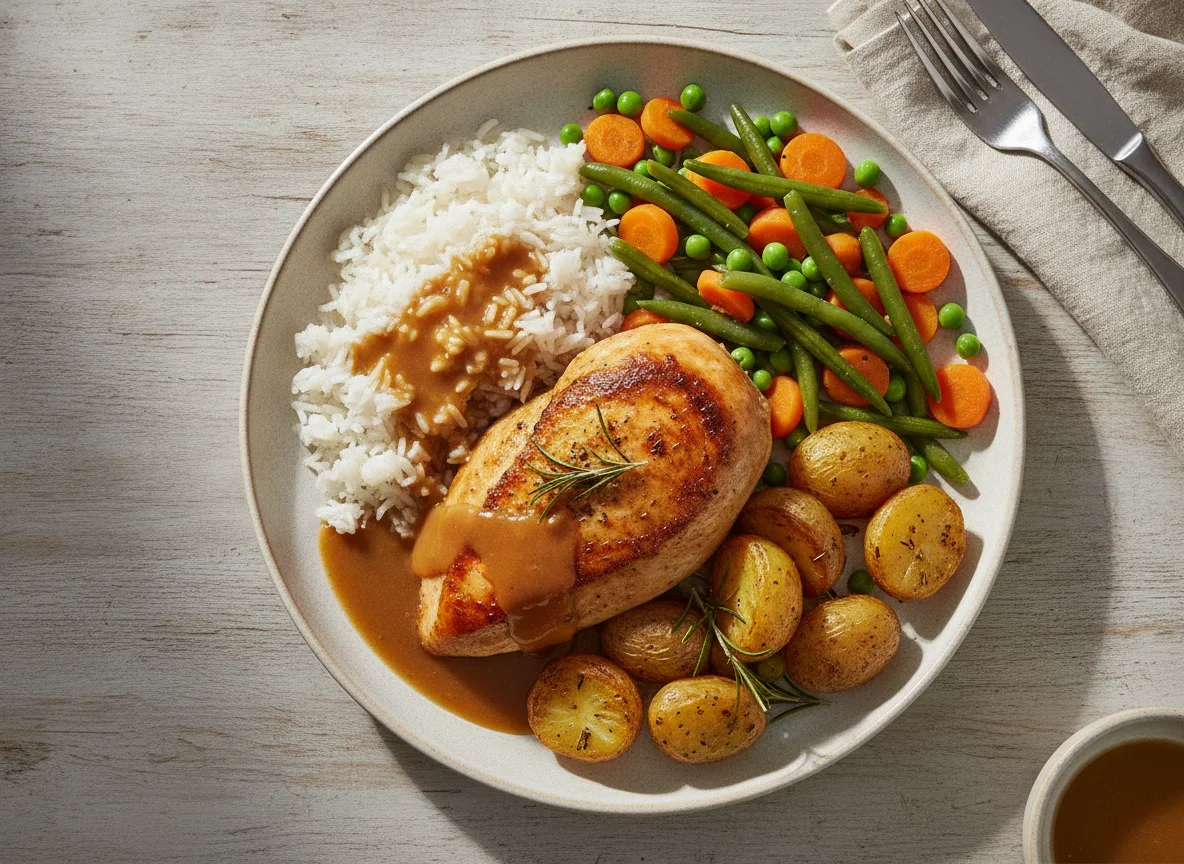 Roast chicken with potatoes, rice, and vegetables photo