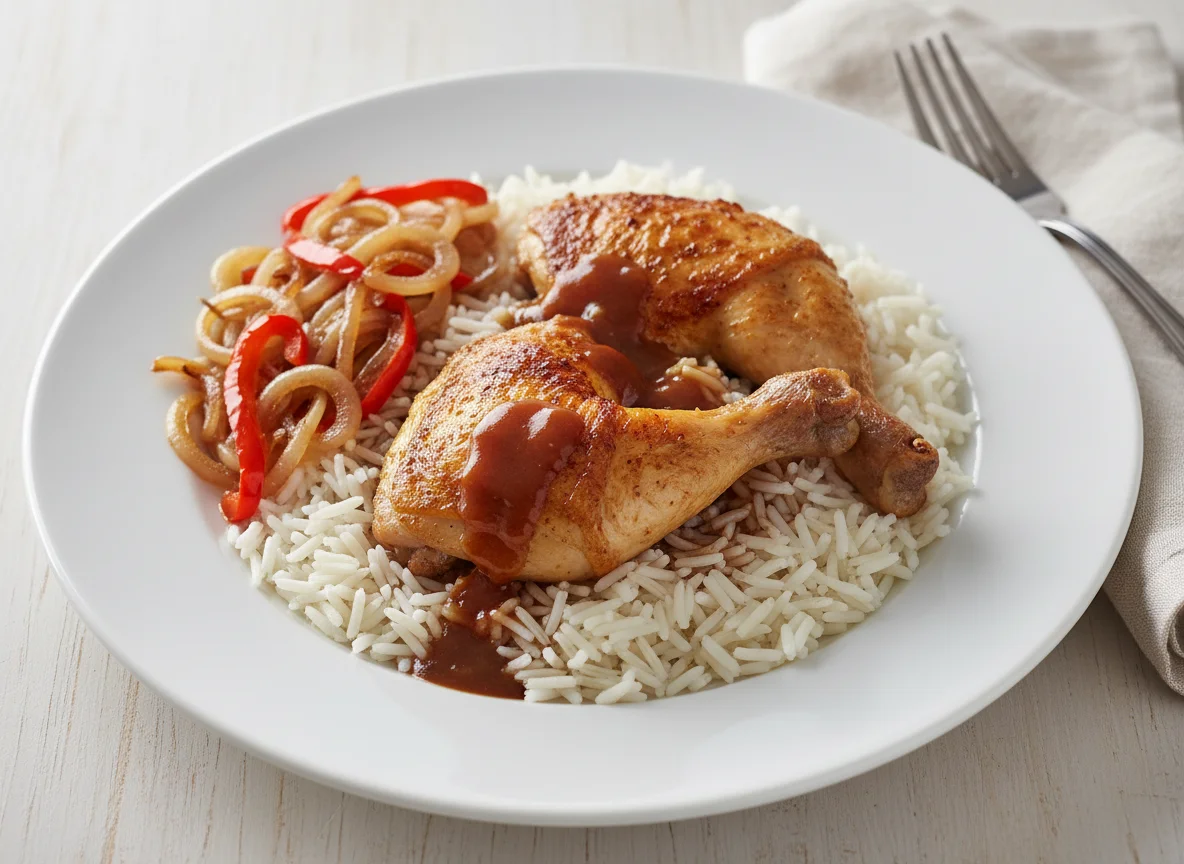Roast Chicken with Rice and Sautéed Peppers and Onions photo