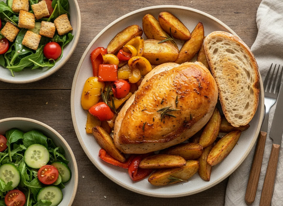 Roast chicken with roasted potatoes, peppers, and side salad photo