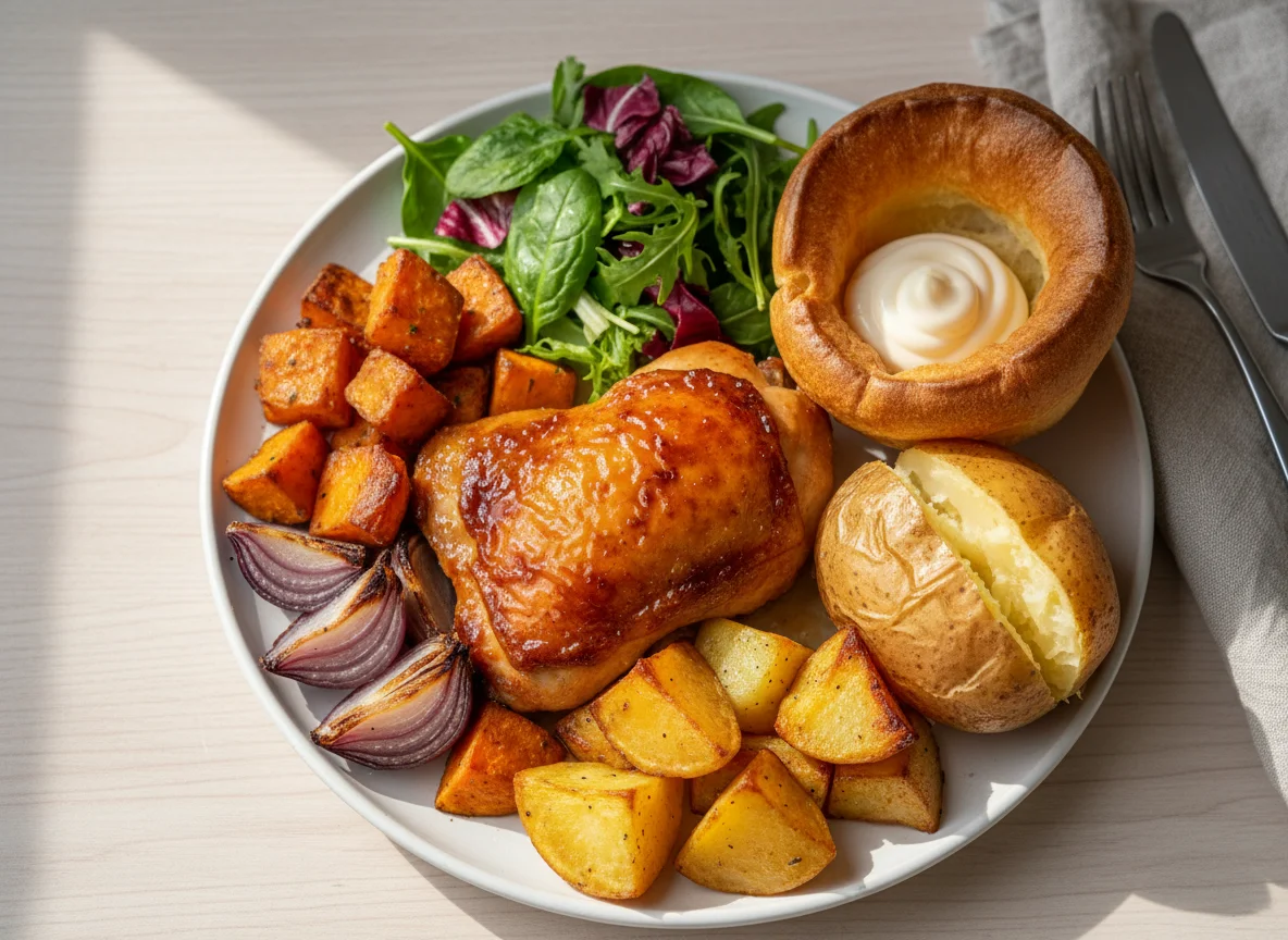 Roast Chicken with Roasted Vegetables and Salad photo