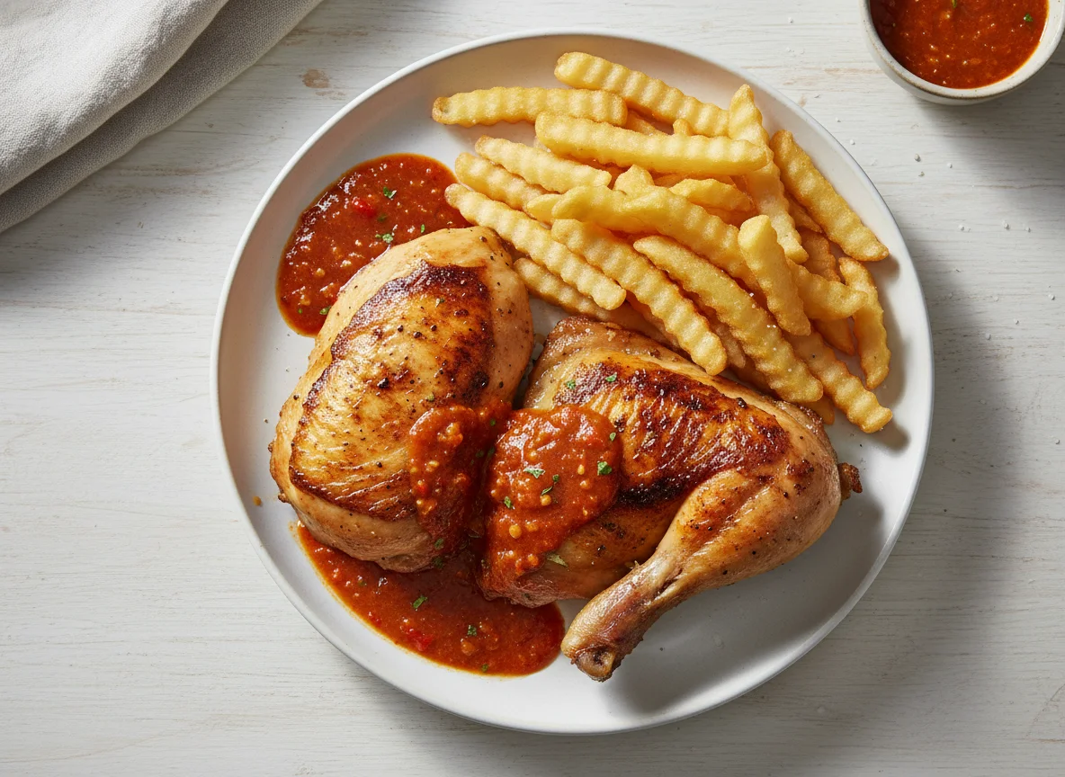 Roast Chicken with Sauce and Chips photo