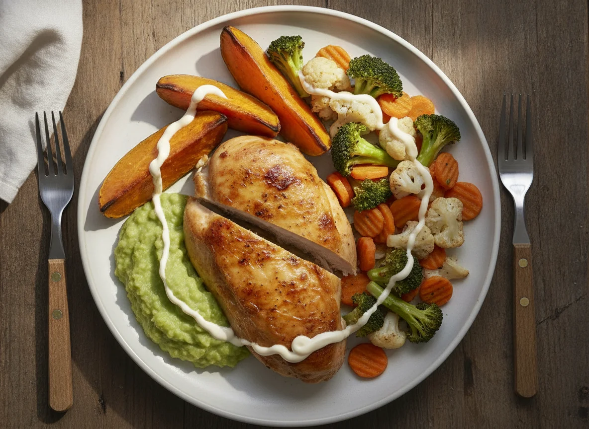 Roast chicken with sweet potato and mixed vegetables photo