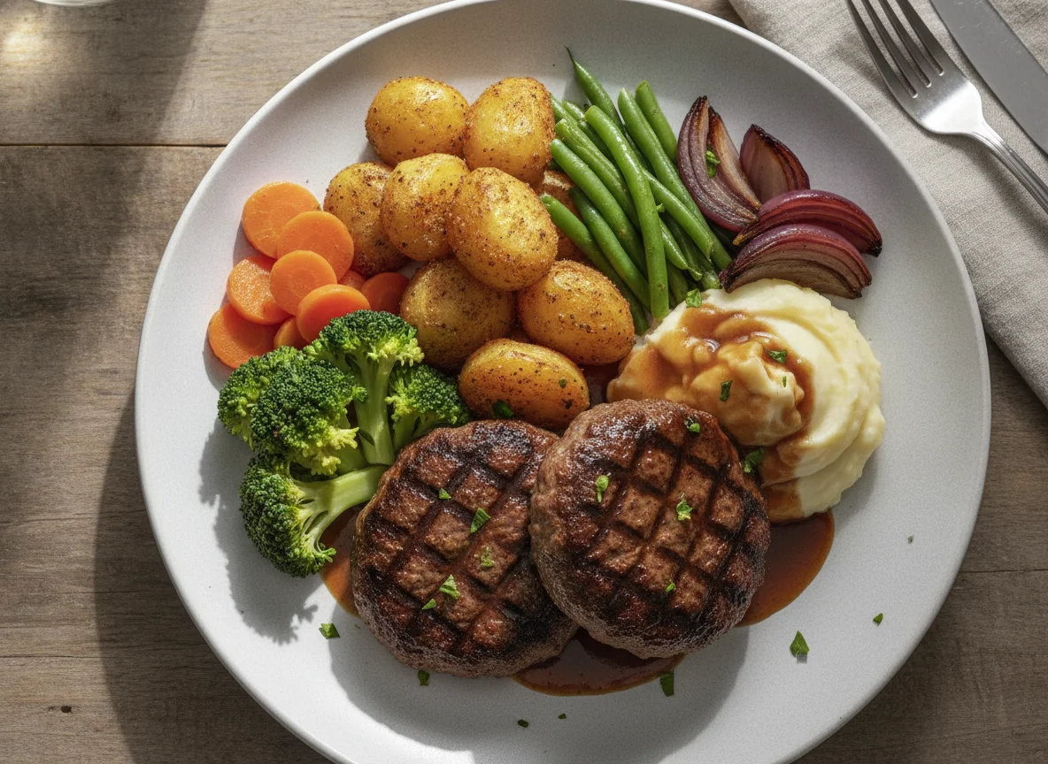 Roast Dinner with Beef Burgers and Mixed Vegetables photo