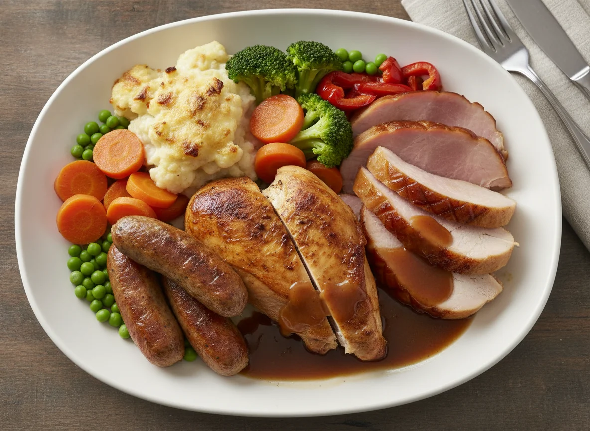 Roast Dinner with Chicken, Ham, and Sausage photo