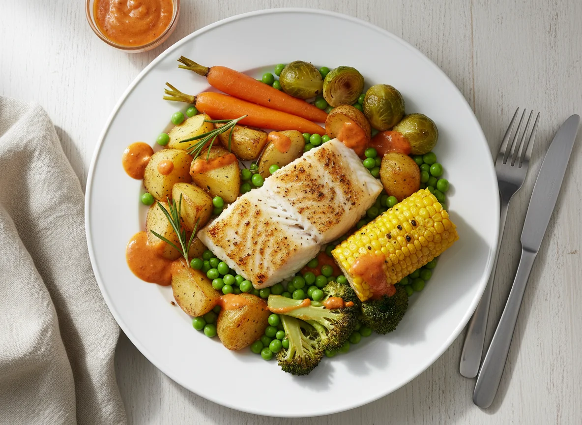Roast Dinner with Cod Fillet photo