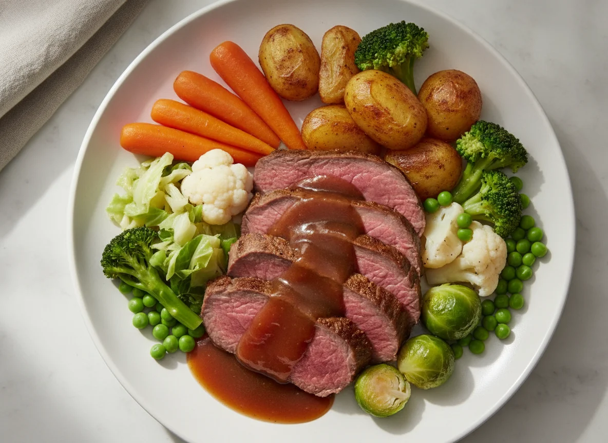 Roast Dinner with Mixed Vegetables and Gravy photo