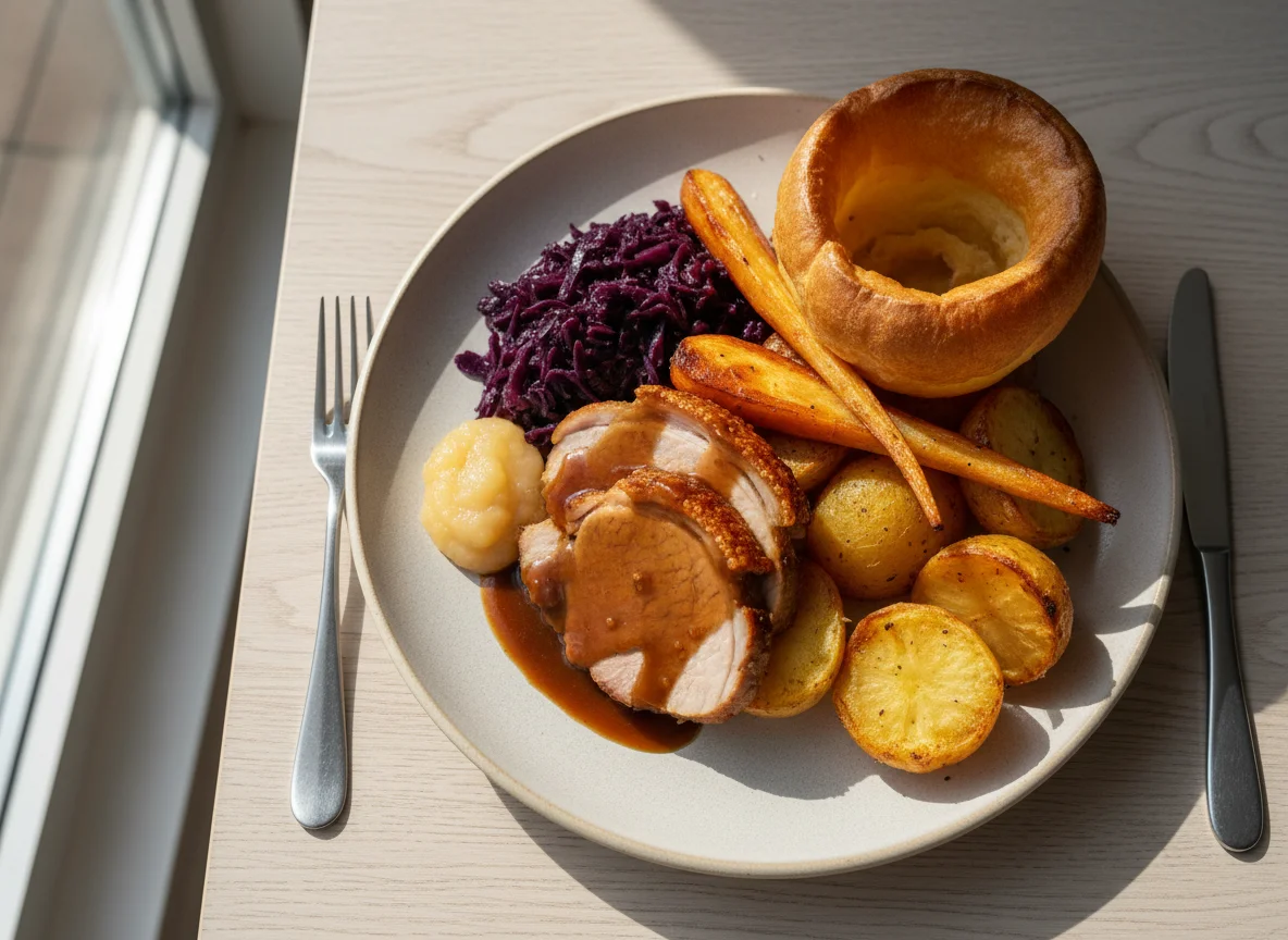 Roast Dinner with Pork and Red Cabbage photo