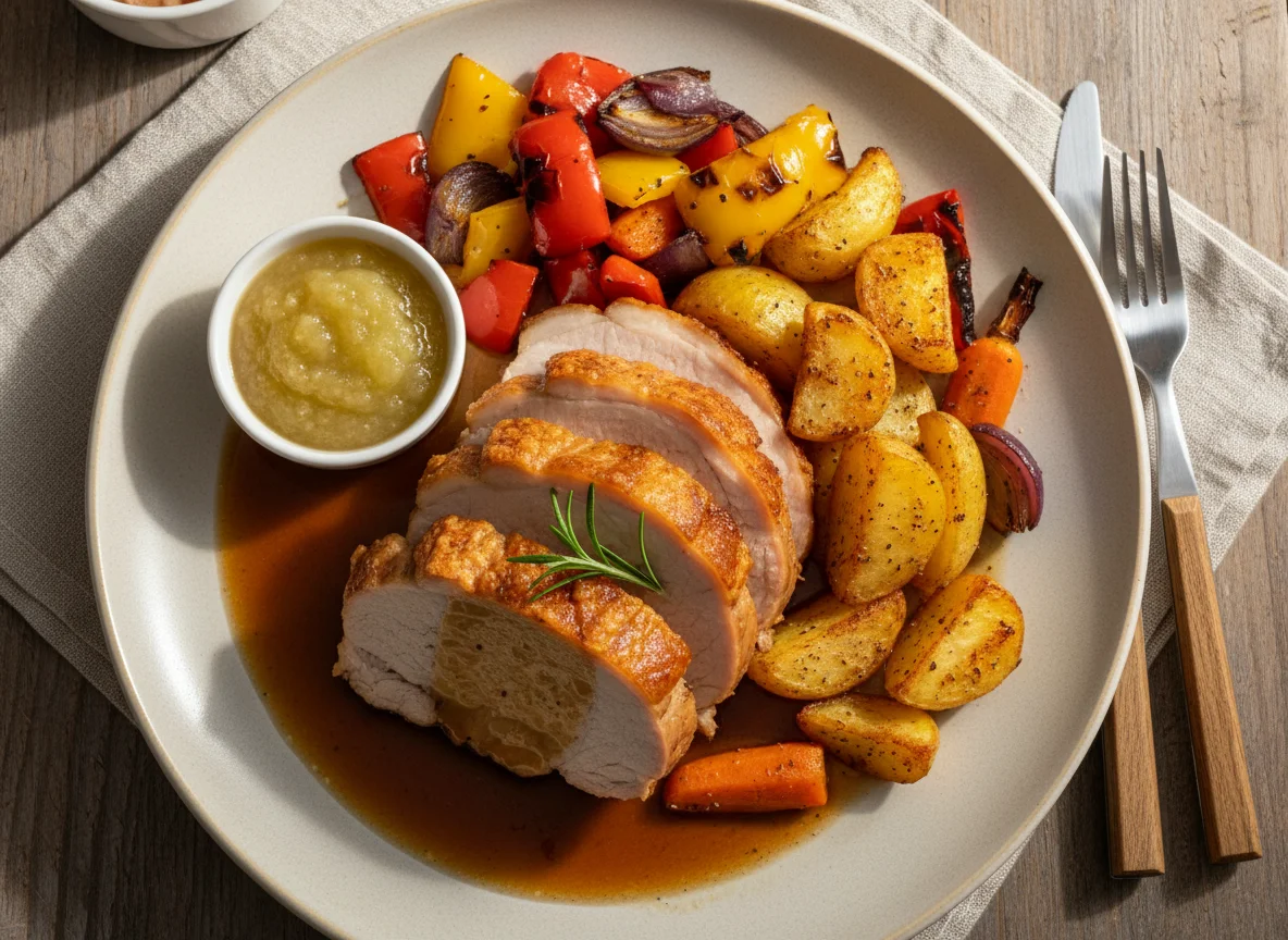 Roast dinner with pork and vegetables photo