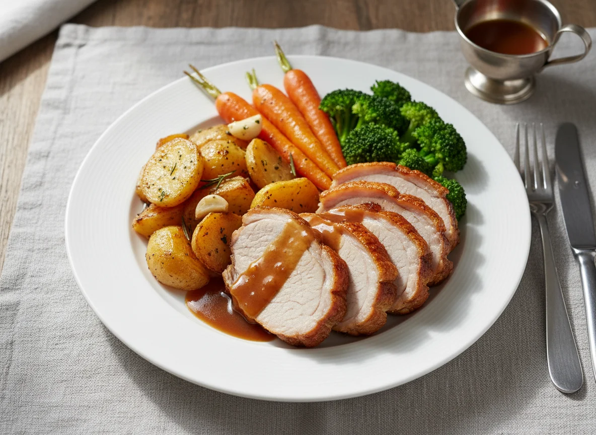 Roast Dinner with Pork, Potatoes, Carrots, and Broccoli photo