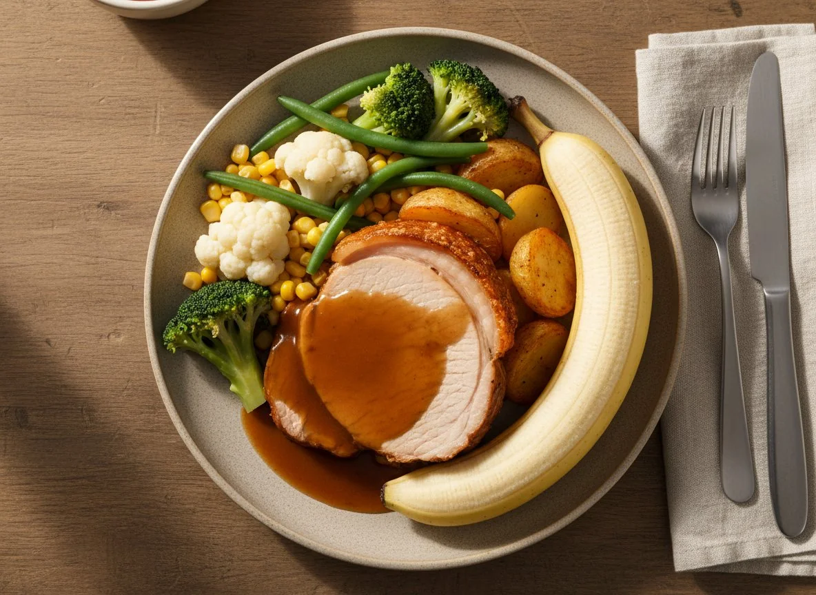 Roast Dinner with Vegetables and Banana photo