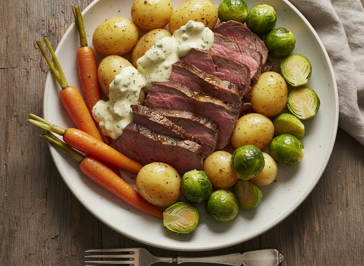 Roast Dinner with Vegetables and Sauce photo