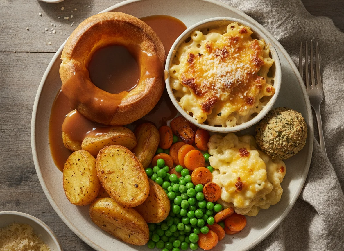 Roast Dinner with Yorkshire Pudding and Macaroni Cheese photo