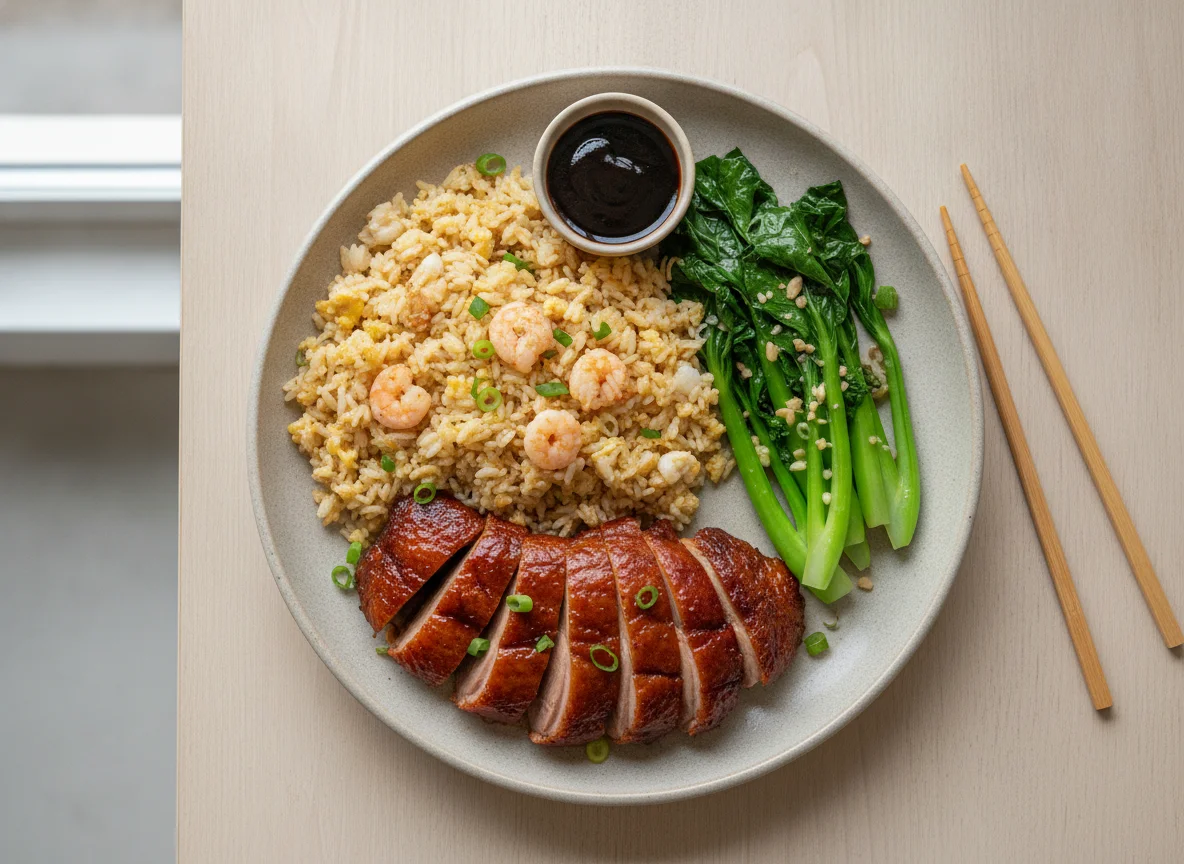 Roast Duck with Egg Fried Rice and Greens photo