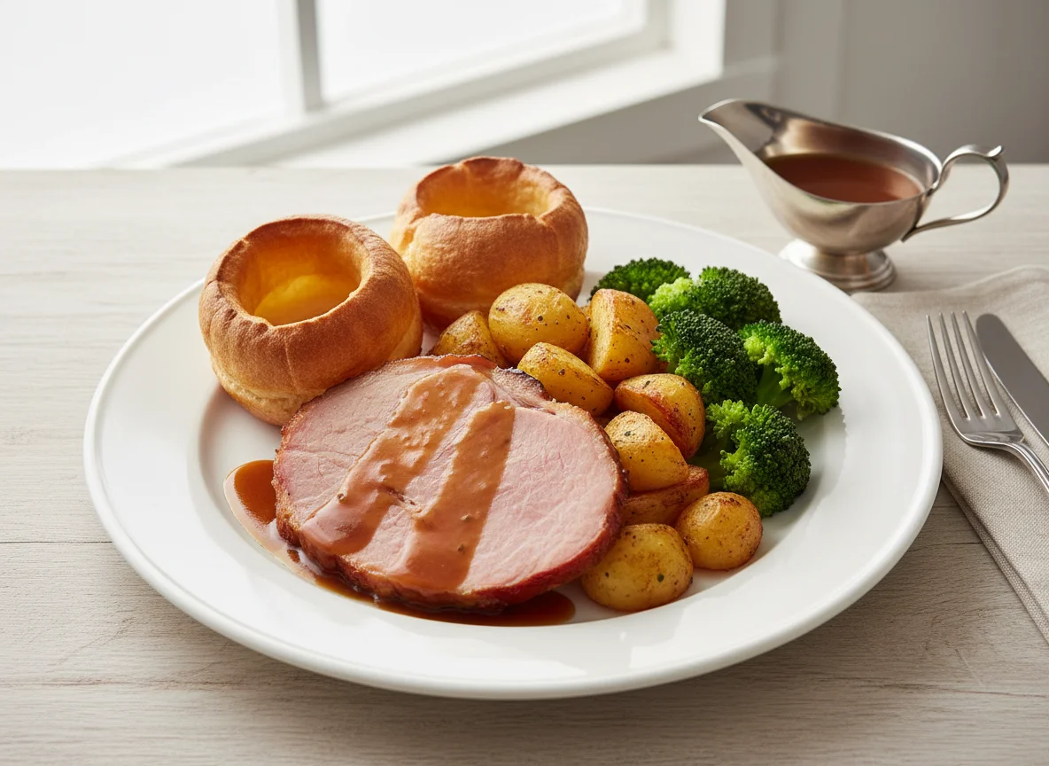 Roast Ham Dinner with Potatoes, Yorkshire Pudding, Broccoli and Gravy photo