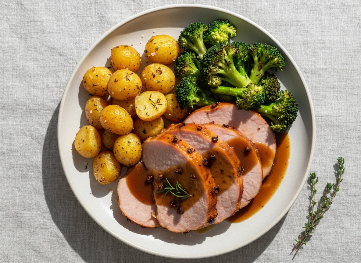 Roast Ham with Potatoes and Broccoli photo