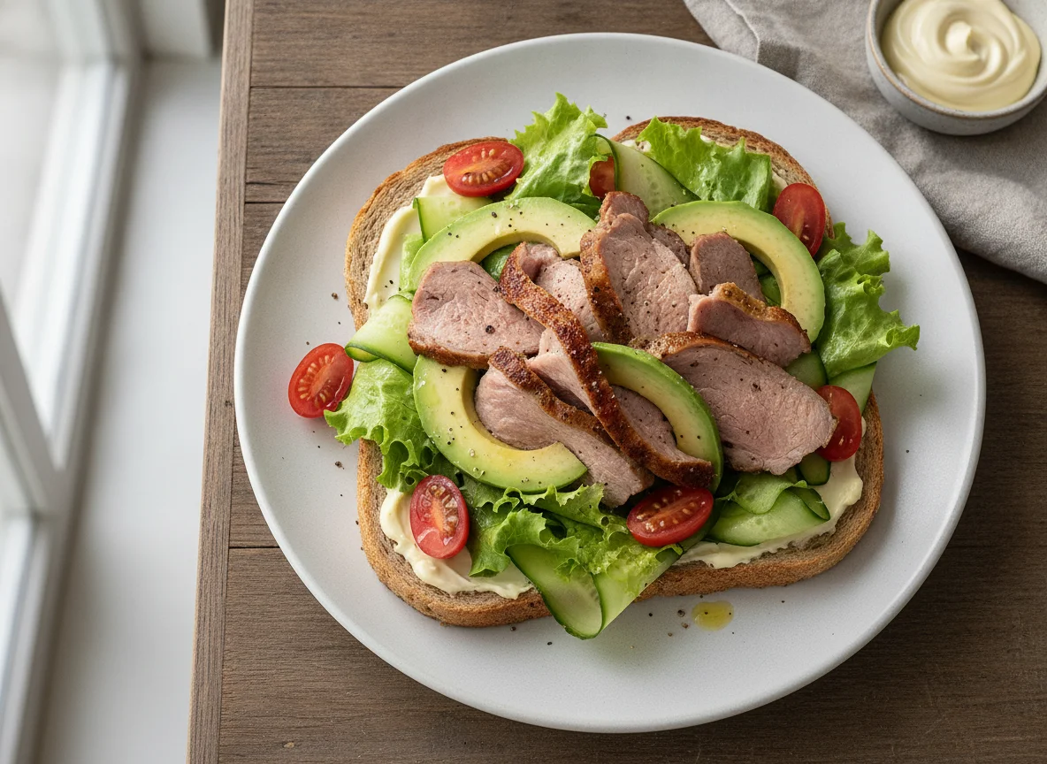 Roast lamb with wholemeal toast and salad photo