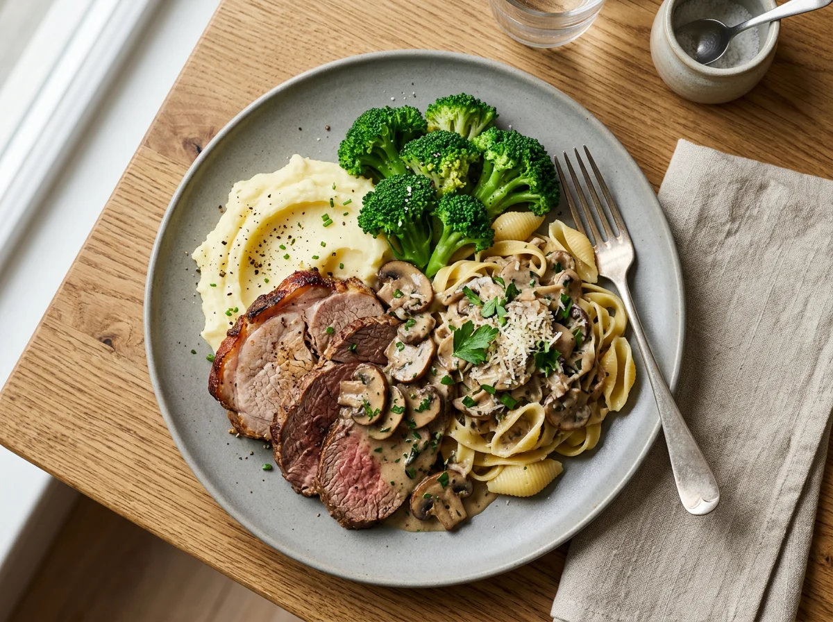 Roast meat with pasta, mashed potatoes, broccoli and mushroom sauce photo