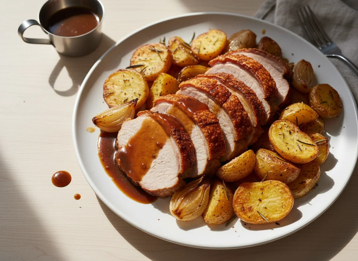 Roast Meat with Potatoes and Gravy photo