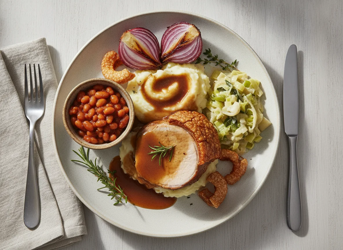 Roast Pork Dinner with Mashed Potatoes and Vegetables photo