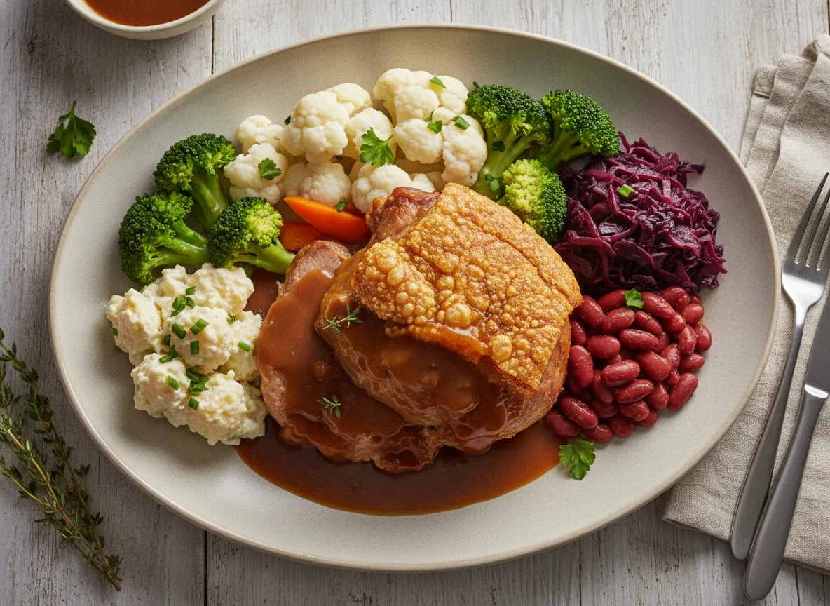 Roast Pork Dinner with Vegetables and Gravy photo