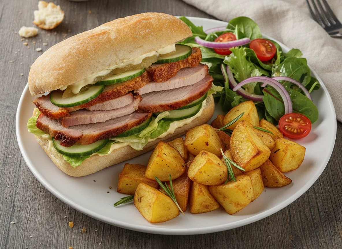 Roast Pork Sandwich with Roast Potatoes and Salad photo