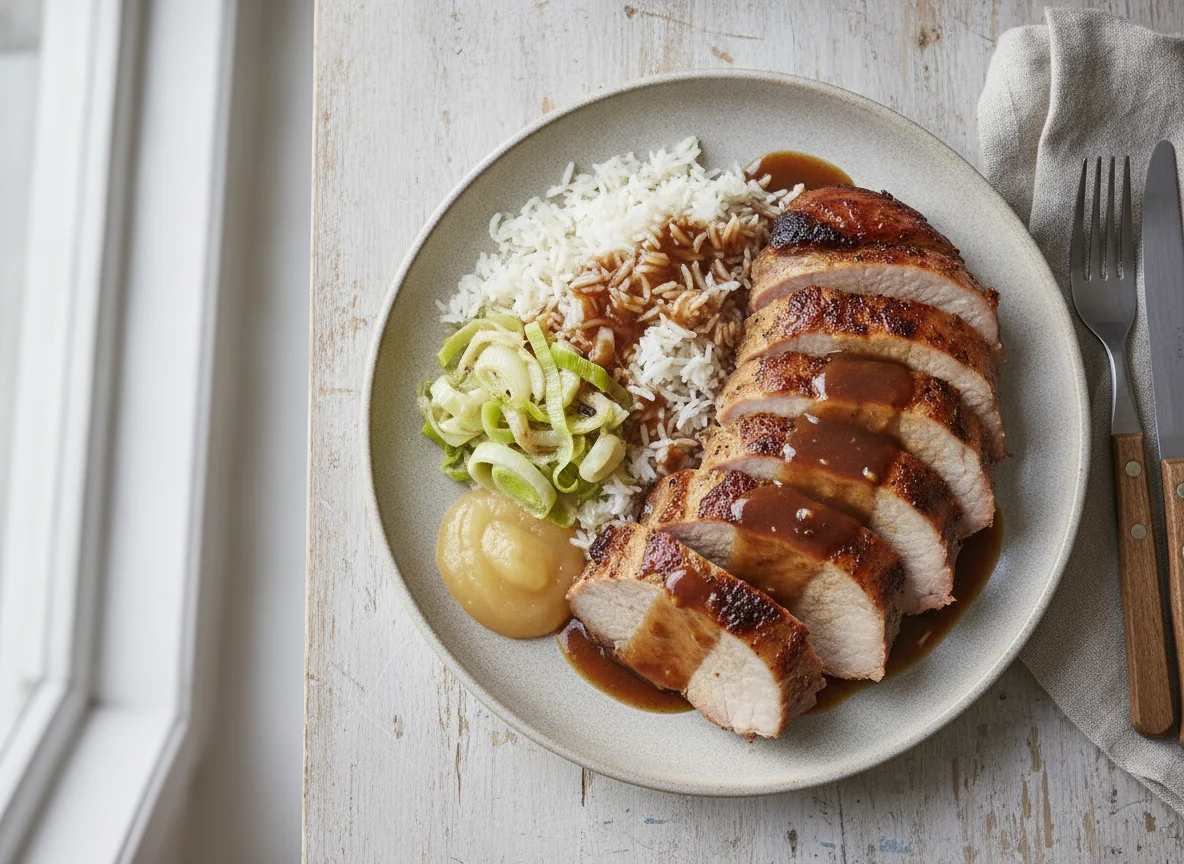 Roast Pork with Basmati Rice, Creamy Leeks and Gravy photo