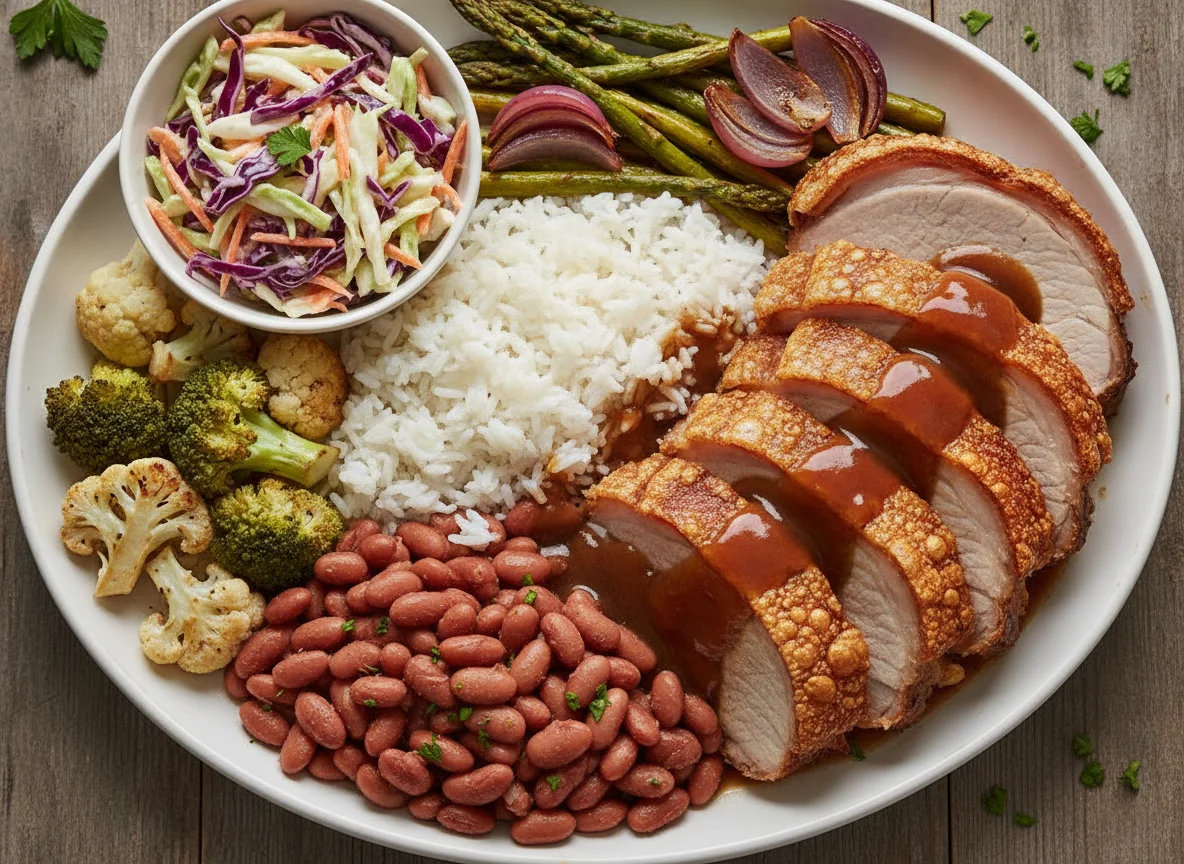 Roast Pork with Rice, Beans and Vegetables photo