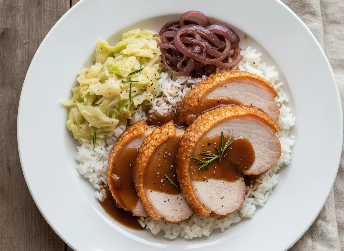 Roast Pork with Rice, Cabbage and Gravy photo