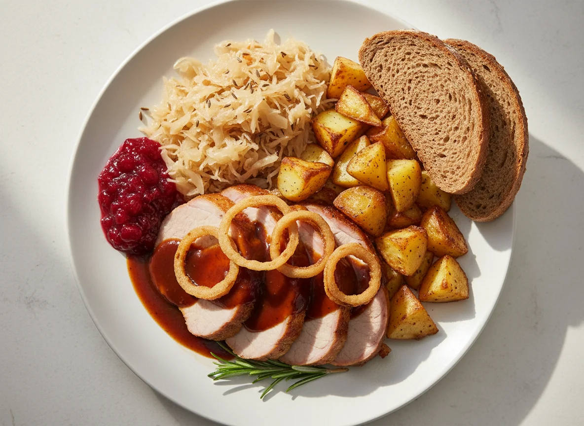 Roast Pork with Sauerkraut, Roast Potatoes, Gravy, Cranberry Sauce, and Rye Bread photo